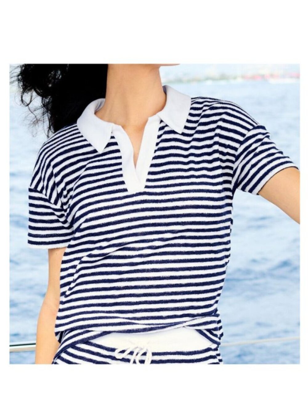 NWT TALBOT'S Towel Terry Johnny Collar Pullover Stripe INDIGO BLUE/WHT SZ PM